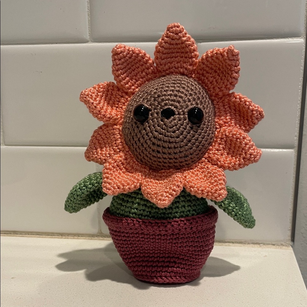 Flower Child Sunflower Bear Hand Crafted Figure and Pot Amigurumi Crochet Decor - Picture 4 of 13